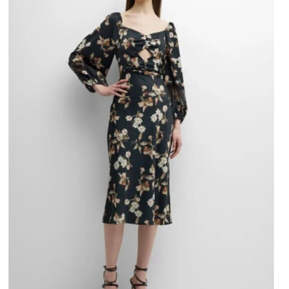 Sachin & Babi Amara Cutout Floral-Print Lace-Trim Dress Womens 0 Black Midi - Picture 1 of 16
